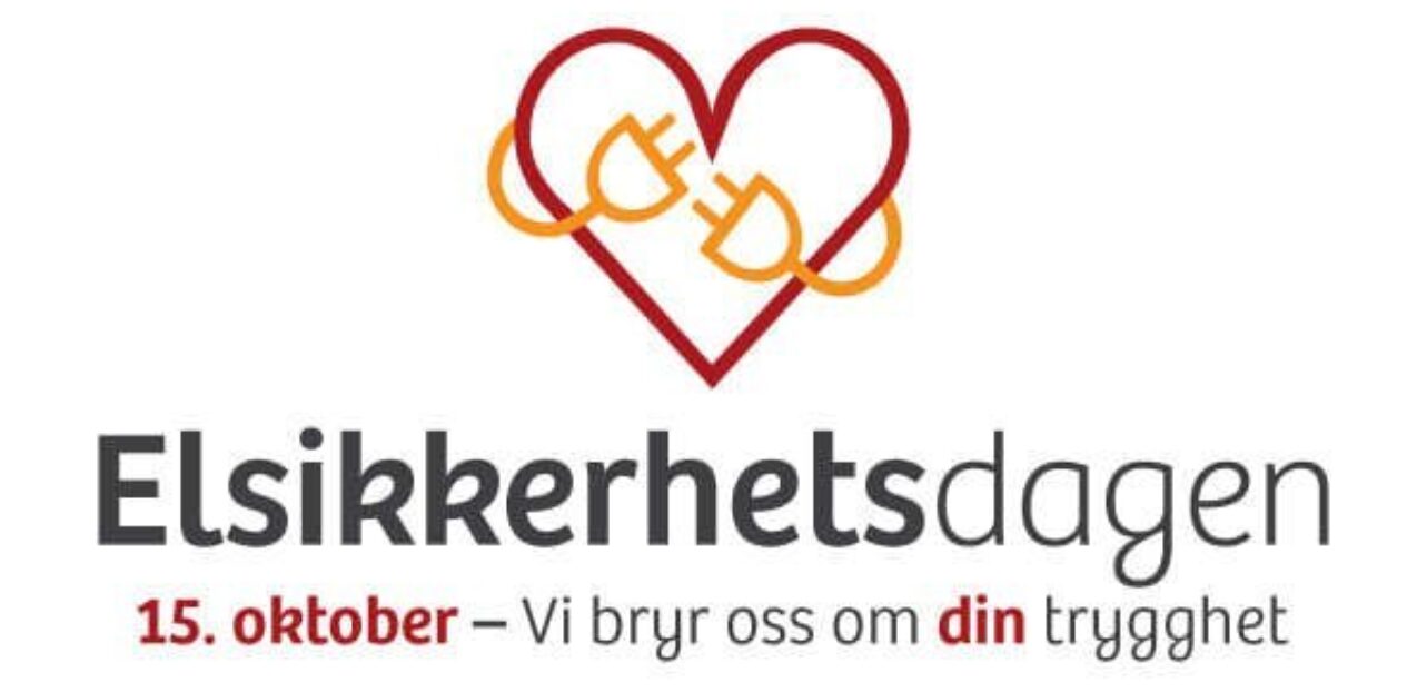 Et rødt hjerte med to gule ledninger inni. Under står teksten: "Elsikkerhetsdagen 15. oktober – vi bryr oss om din trygghet." Illustrasjon.